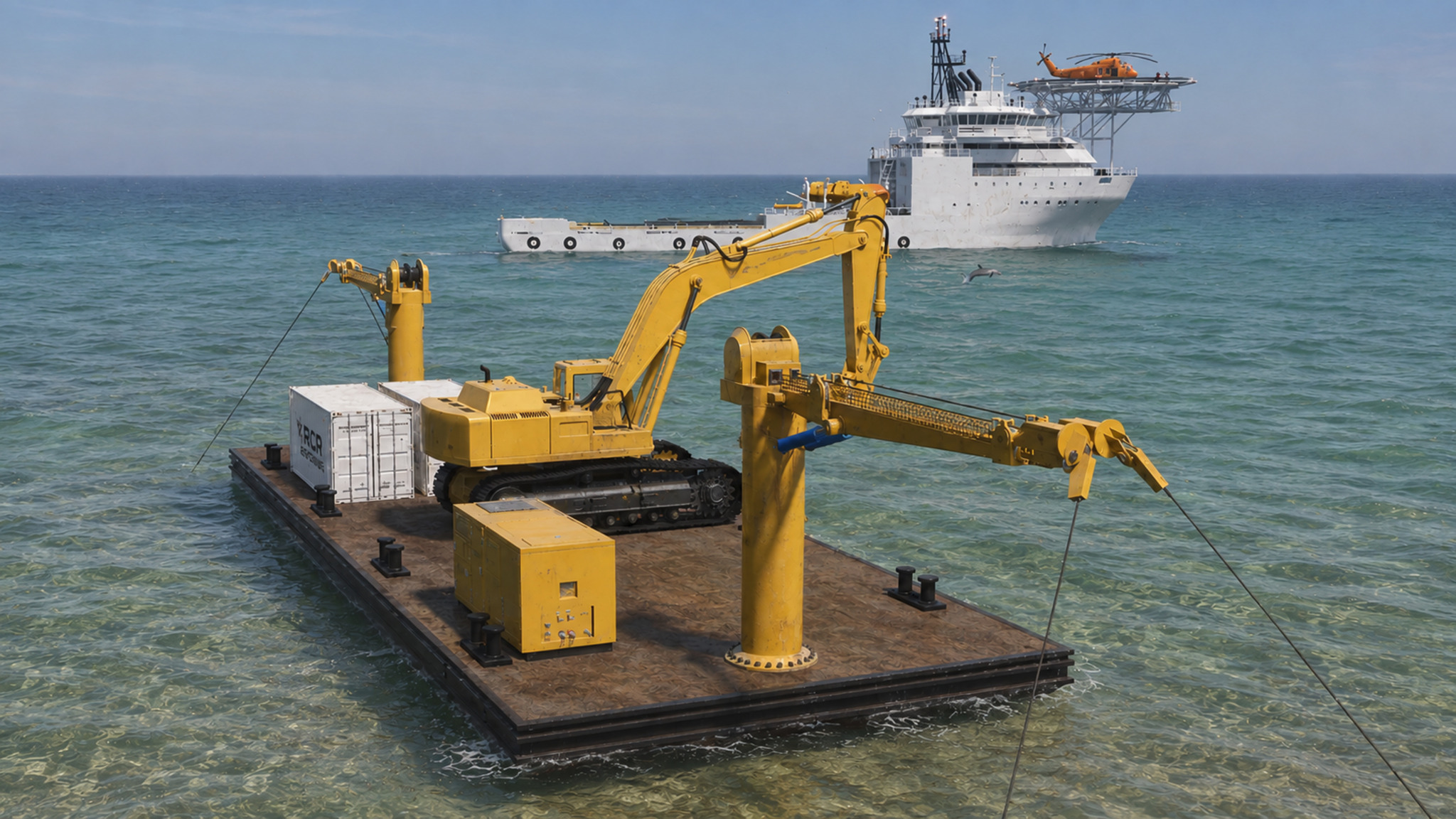 RCR dredging barge with excavator and lifting equipment
