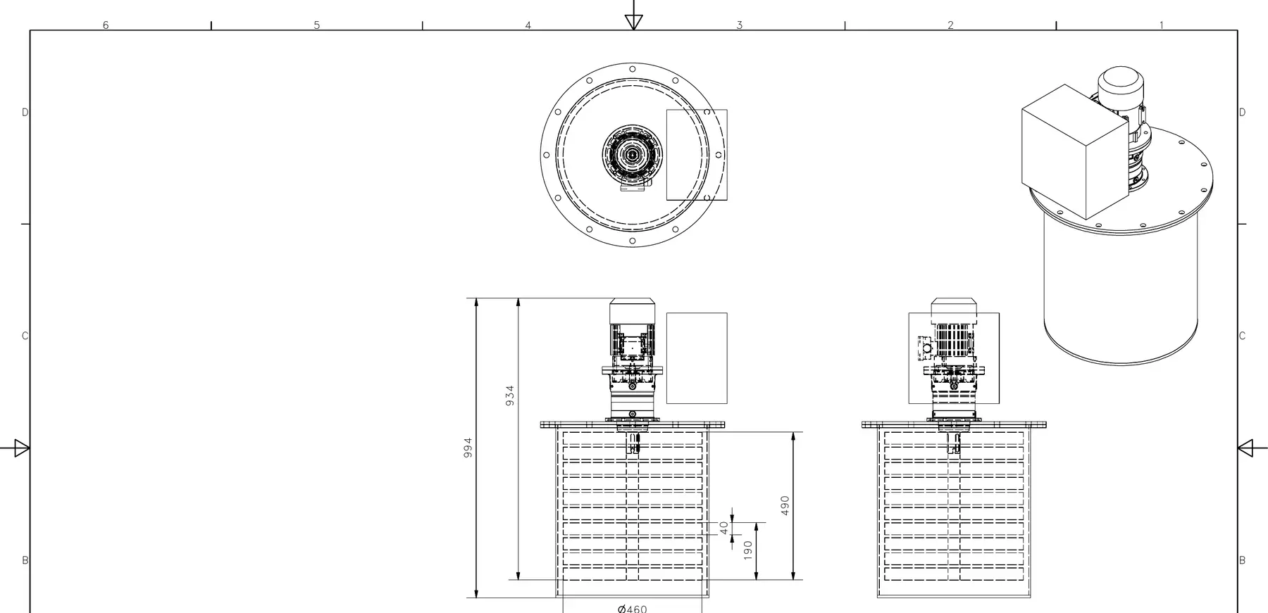 RCR mechanical energy storage assembly drawing with cylindrical enclosure and geared drive
